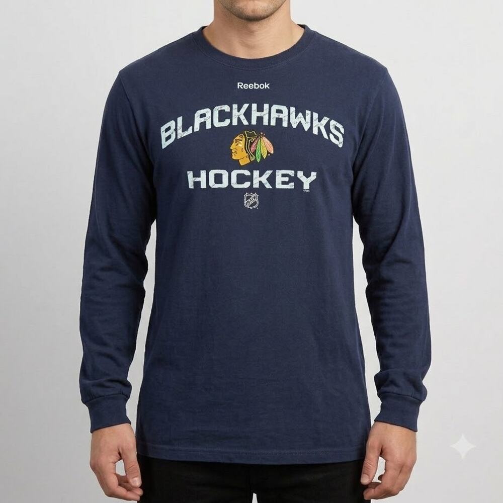 Reebok Chicago Blackhawks Hockey Long Sleeve T-Shirt NHL Tee Black Mens Size M